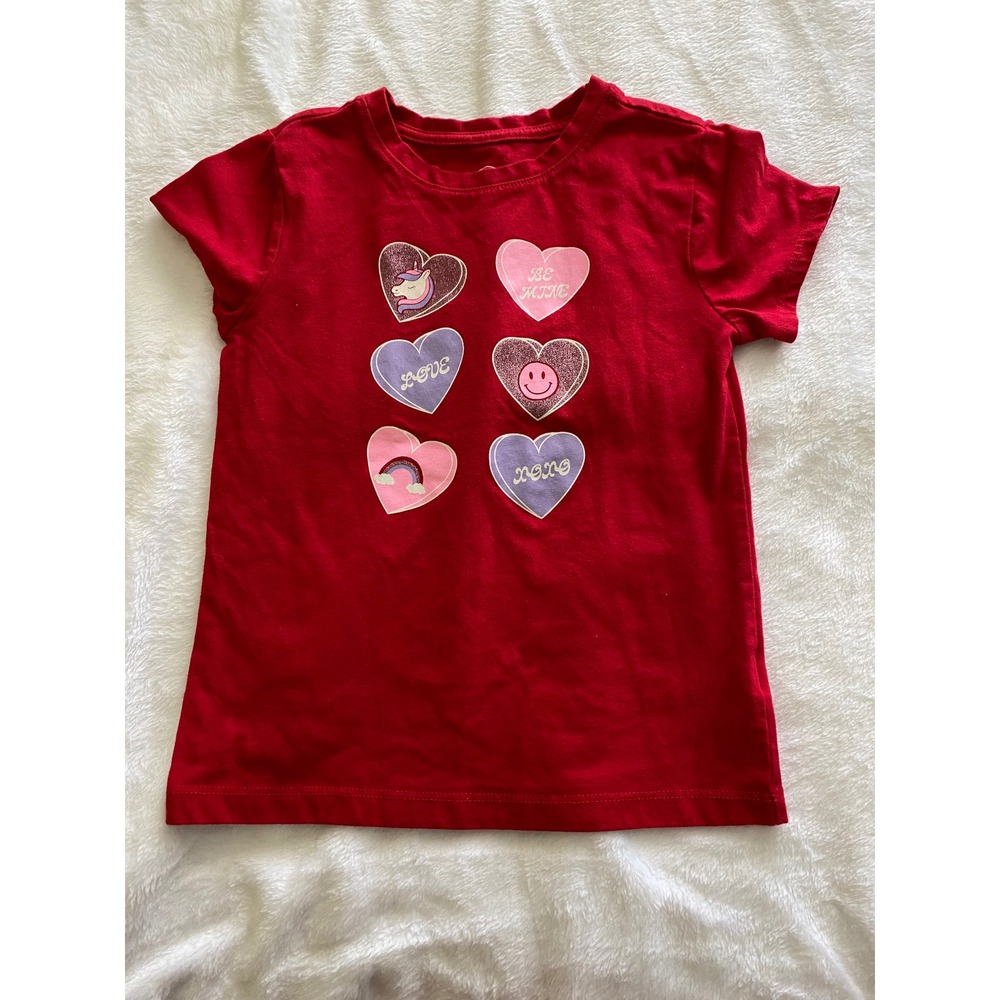 Wonder Nation Graphic Tee Girls Size S 6-6X Red Valentine Hearts Glitter Unicorn